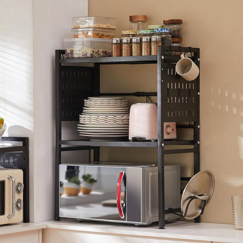 Adjustable Microwave Stand 3 Tier Microwave Oven Rack With 9 Hooks Black